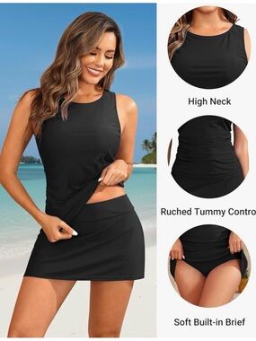 DACI NWT High Neck Black 2 Piece Swim Tankini with Skirt - Black XS